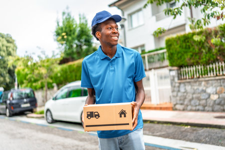 African courier with blue uniform delivering parcel in a residential streetの写真素材