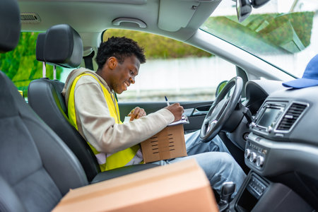 Young african man with a package in his car, checking a delivery list