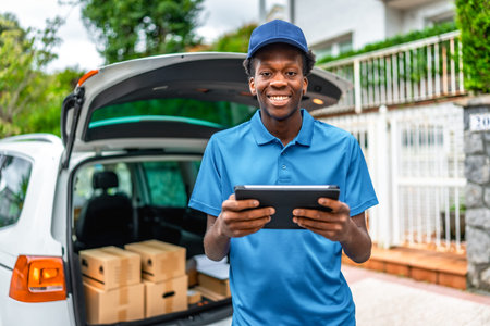 African young courier using digital tablet to deliver packages standing next to a van in the city
