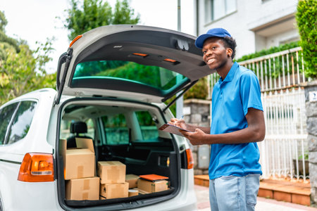 African delivery man with blue uniform and cap doing inventory next to a van on the streetの写真素材