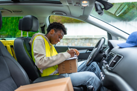Delivery african young man inside a car with packages