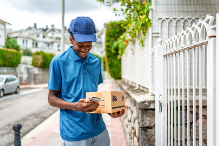 African delivery man using mobile while holding cardboard package to deliverの写真素材