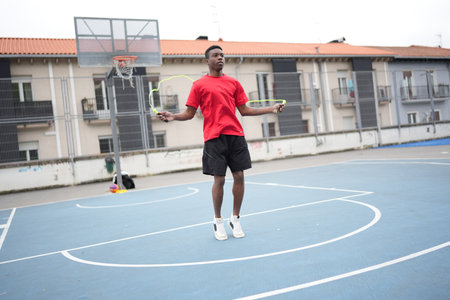 Dynamic shot of a young african man skipping rope in an urban basketball courtの写真素材