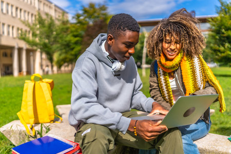 Multi-ethnic male and female students using laptop together sitting outside the campus in a sunny dayの写真素材