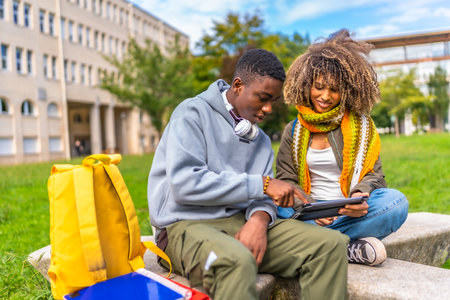 Two male and female university students using digital tablet outside the campusの写真素材