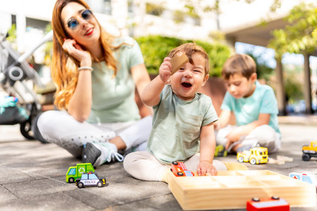 Baby holding a toy and laughing next to his family playing together on an urban parkの写真素材