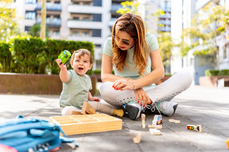 Baby boy raising a toy smiling and playing with his mother sitting on an urban parkの写真素材