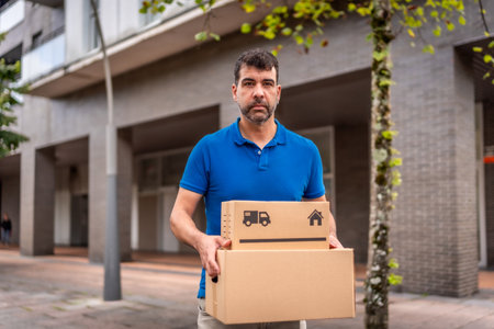 Serious mature male caucasian messenger carrying box while walking in cityの写真素材