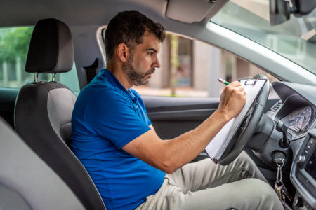 Side view of a mature delivery man writing notes inside a car in the city