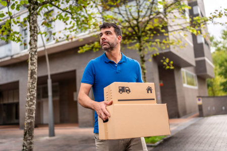 Mature caucasian delivery man carrying boxes along the city in a residential area