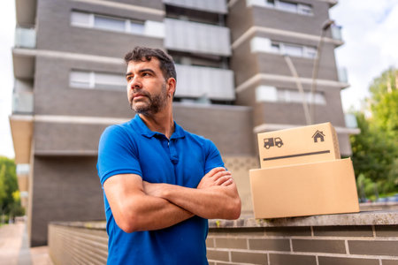Portrait of a confident delivery man with arms crossed standing looking away next to parcels in the cityの写真素材