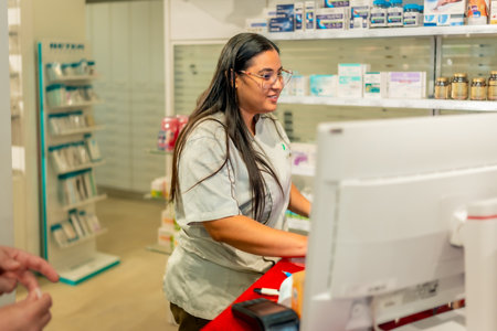 Young female pharmacist using computer to look for a product in the storeの写真素材