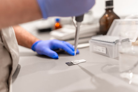 Side view close-up of an unrecognizable doctor using pipette to test samples in a pharmacy...