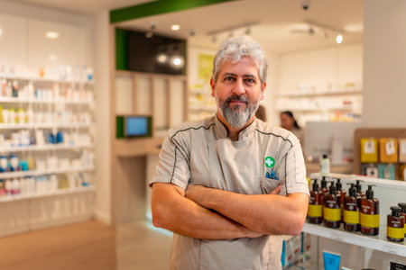 Proud mature man pharmacist standing with arms crossed in the storeの写真素材