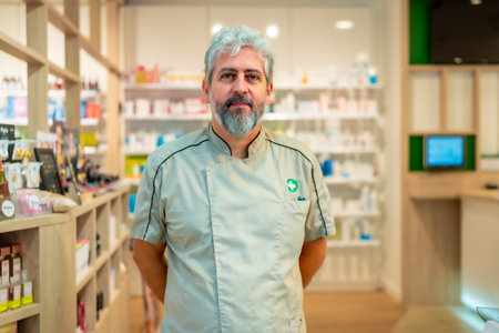 Portrait of the owner of a pharmacy standing arms on back in the storeの写真素材
