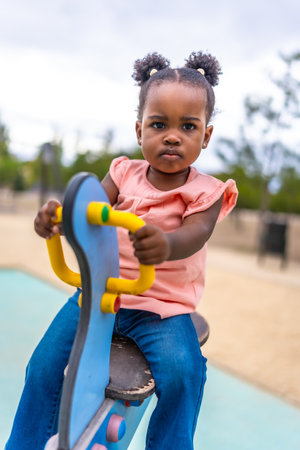 Little african cute girl on a swing with animal shape in the playgroundの写真素材