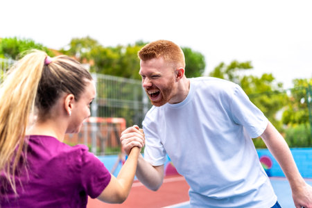 Caucasian young male and female pickelball players shaking hands celebrating victory on a courtの写真素材