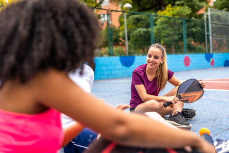 Blonde woman and friends chatting sitting on pickelball court holding a racket to playの写真素材