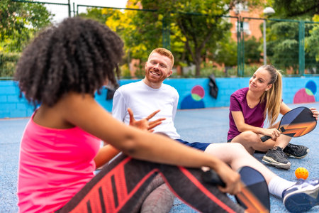 Latin woman talking with friends after playing pickleball in an outdoor courtの写真素材