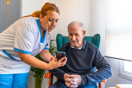 Nurse helping an elderly man use the mobile phone in the nursing homeの写真素材