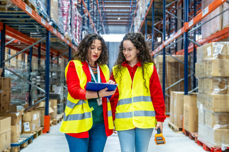 Frontal photo of two female colleagues talking and taking inventory in a distribution warehouseの写真素材
