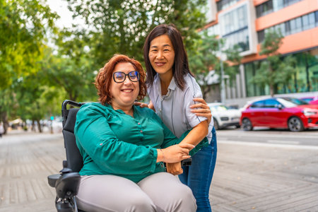 Portrait of a happy caucasian adult woman with disability sitting on wheelchair and her asian female caregiver smiling at camera at streetの写真素材