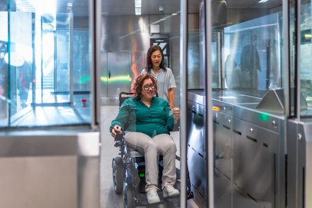Disabled woman in electric wheelchair and friend entering the metro stationの写真素材