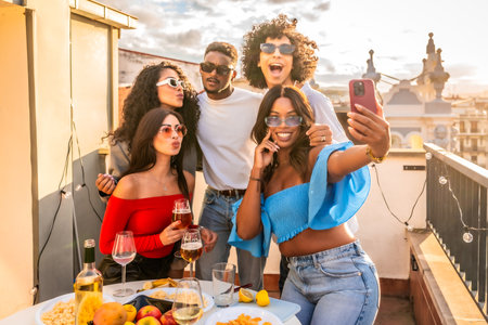 Happy multi-ethnic friends taking selfie celebrating evening party on rooftop drinking wine and eating snacksの写真素材