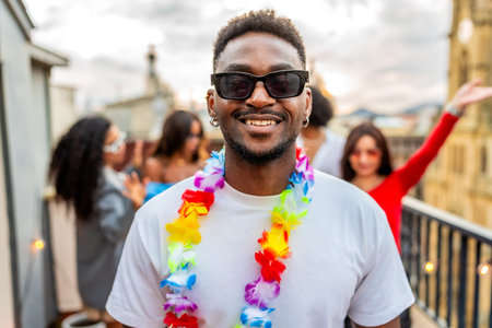 Portrait of a latin man in Hawaiian necklace smiling at camera with friends partying on background