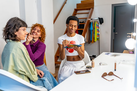 Lesbian couple and gay friend applying make up at home getting ready for a party together