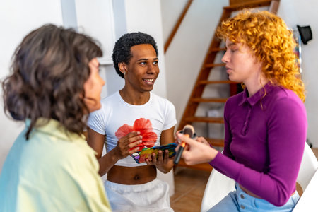 LGBT multi-ethnic group of friends making up and talking together at home before party