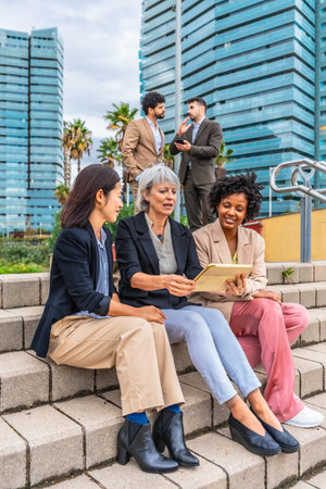 Vertical photo of three multi-ethnic businesswomen sitting in outdoor urban stairs working with digital tabletの写真素材