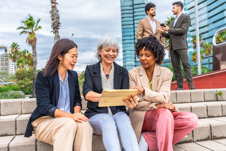 Three multi-ethnic businesswoman working with digital tablet sitting in urban stairs outdoorsの写真素材