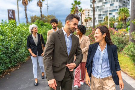 Relaxed multiracial business people walking along the gardens of a financial district in a tropical...