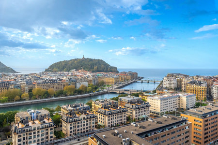 Aerial view of the Urumea river and the bridges of San Sebastian, Donostia, Basque Countryの写真素材