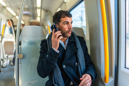 Handsome serious caucasian businessman looking through the window while talking to the mobile sitting on the subwayの写真素材