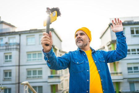 Low angle view portrait of a mature male vlogger waving at audience streaming in the city using smartphone and microphoneの写真素材