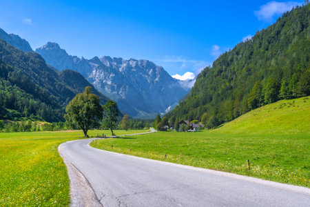 Winding road meandering through the picturesque Logarska Dolina valley, surrounded by lush meadows...