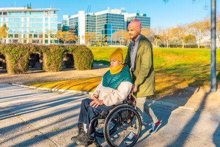 Young man pushing his disabled friend in a wheelchair while enjoying a sunny day together in a...