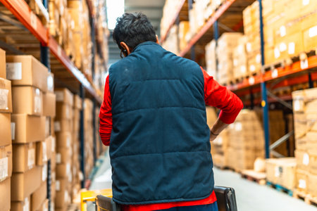 Rear view of a worker pushing a hydraulic hand pallet truck in a warehouseの写真素材