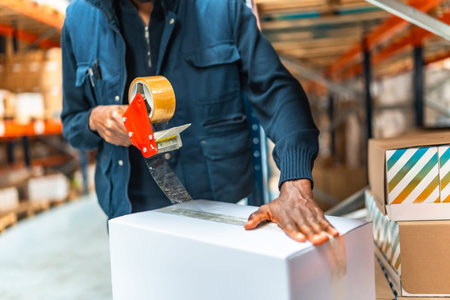 Close-up of a warehouse worker using tape gun to seal boxes for delivery at distribution center