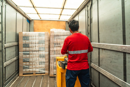 Rear view of a delivery worker loading cardboard cartons on hydraulic hand truck in a warehouseの写真素材