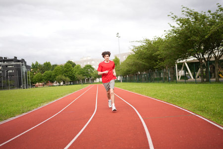 Full length wide view photo with copy space of a caucasian young man running along a running track on a cloudy dayの写真素材
