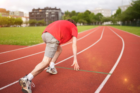 Rear view of a male caucasian young runner on running track starting