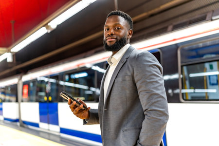Young businessman waiting on the subway platform, thickened in his smartphone while anticipating the arrival of the next trainの写真素材