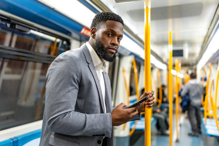 Young businessman using smartphone while commuting on subway train, holding handrail and looking awayの写真素材