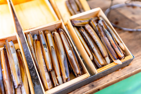 Razor clams neatly organized in wooden boxes, showing their natural texture and color. Perfectly aligned for a seafood market displayの写真素材