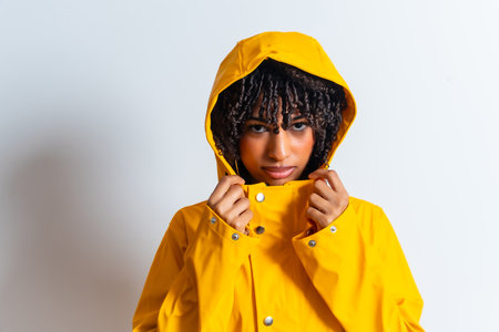 Studio portrait of a young woman tightening her yellow raincoat hood, getting ready for bad weatherの写真素材