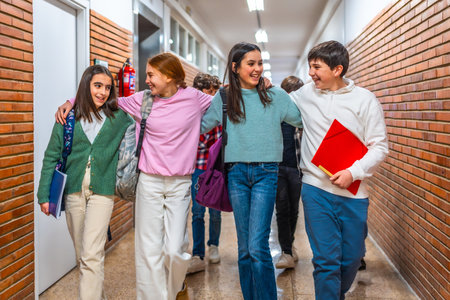 Group of cheerful students walking together in school hallway, enjoying their time together between classesの写真素材