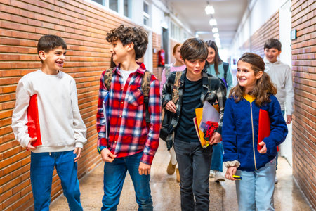 Cheerful students carrying folders and backpacks are walking together down school hallway after classの写真素材